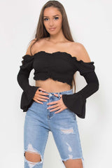 shirred ruched front flute sleeve crop top black