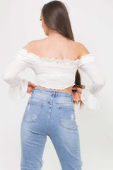 shirred ruched front long sleeve crop top white