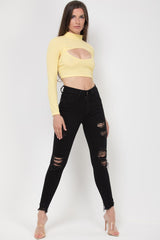high neck front cutout long sleeve ribbed crop top yellow
