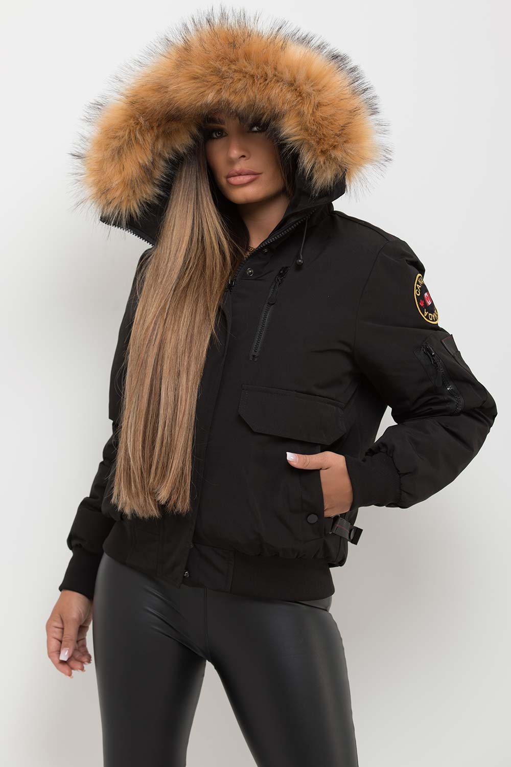 Women's Black Bomber Jacket With Fur Hood Canada Goose Inspired ...