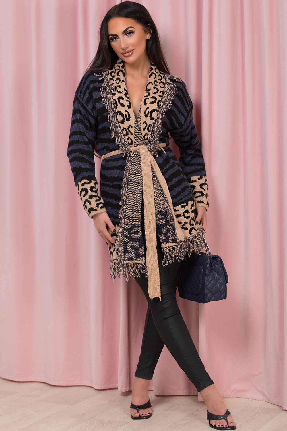 leopard zebra print knitted cardigan with tassels