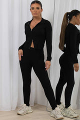 womens black ribbed lounge set with double zip