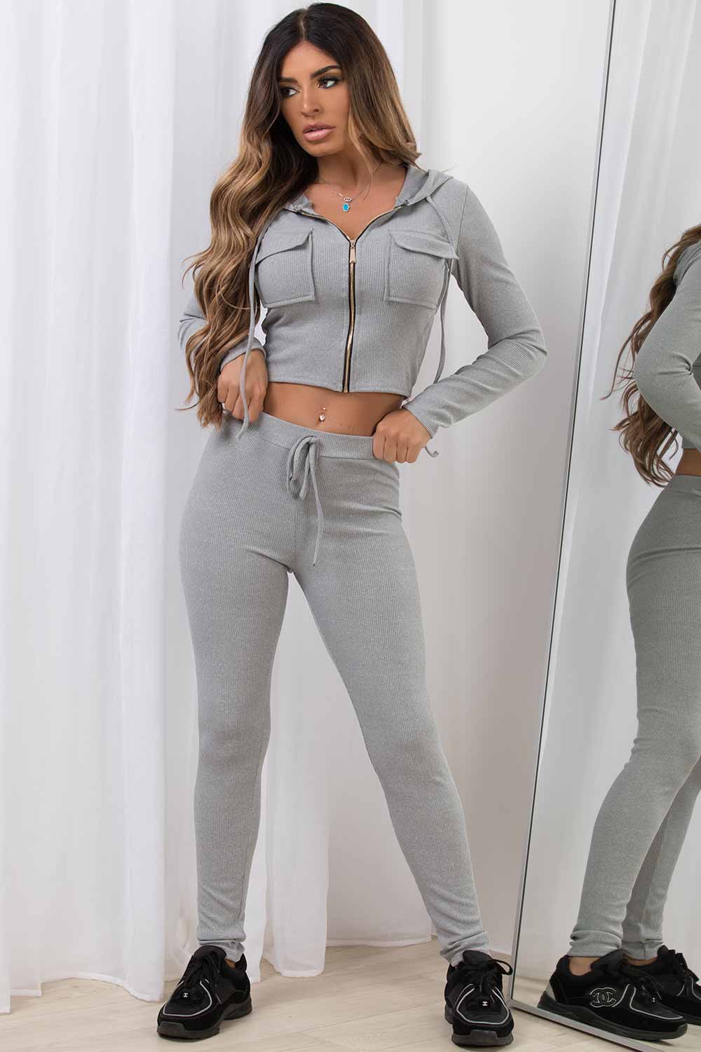 zip up lounge set ribbed co ord hooded womens